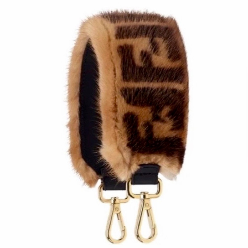 FENDI MINK NWT Zucca Logo FF Motif Black Brown Real Fur Bag Strap w/ Gold Clips